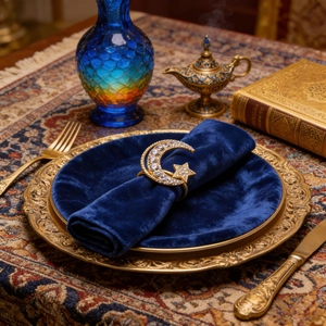 Golden moon and star napkin ring with crystals on navy napkin and gold plate