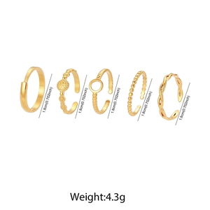 Set of five gold-tone geometric stainless steel rings featuring weight and size details
