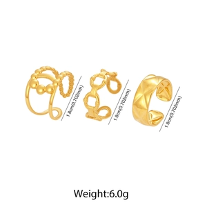 Detail view of gold three-piece ring set with dimensions and weight 6.0g on white background