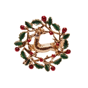 Golden Christmas reindeer wreath napkin ring with red berries and green leaves