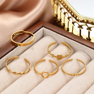 5-piece gold geometric stainless steel open ring set with minimalist textured designs