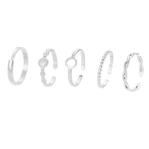 Five-piece set of silver stainless steel geometric open rings for women with minimalist style