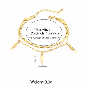 Détail du bracelet double en acier inoxydable doré avec breloques coniques et dimensions