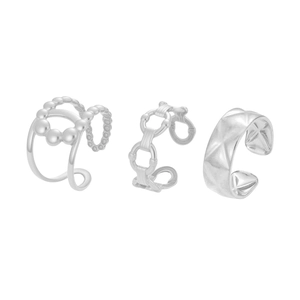 Three-piece silver steel ring set with beaded bands, chain links, and quilted textures
