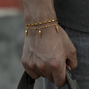 Bracelet Double Couche Acier Inoxydable Pendentif Cône Pointe Gothic Hip Hop Punk Bijoux Mode Pour Femmes Hommes Unisexe