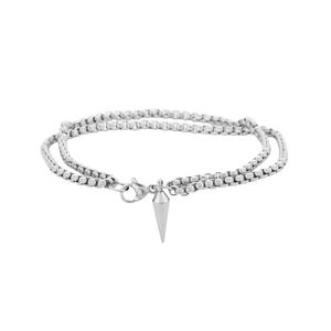 Bracciale a doppia catena box in acciaio inossidabile argento con ciondolo a cono e moschettone