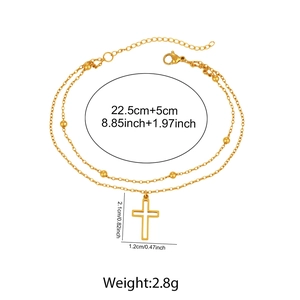 Detailed view of 18K gold plated double-layer anklet with cross pendant and measurements