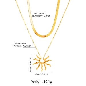 Detailed size chart for gold layered sun pendant and flat snake chain necklace