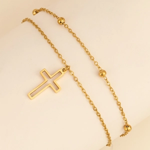 Double-layer 18K gold plated stainless steel anklet with beads and cross pendant