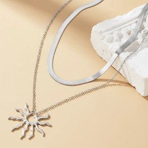 Silver double layer sun pendant necklace with flat snake chain for women