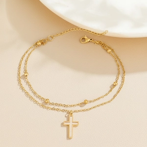 18K gold plated double-layered anklet with small beads and a white cross pendant