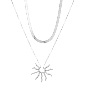 Bohemian double layer silver sunburst pendant necklace with sleek flat snake chain