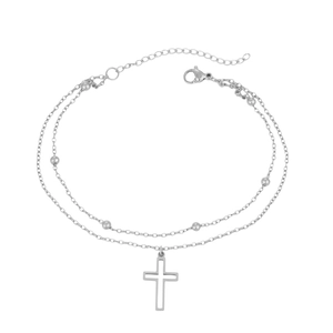 Double-layered silver anklet with cross pendant and small metal beads in high polish