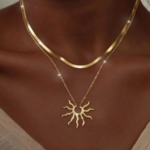 Double Layer Sun Pendant Necklace Stainless Steel Herringbone Snake Chain Bohemian Minimalist Elegant Jewelry Women