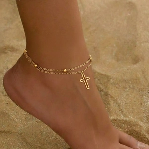 Double Layer Anklet 18K Gold Plated Stainless Steel Cross Pendant Beads Fashion Beach Jewelry For Women
