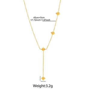 Detail view of gold Y-shaped necklace showing 45cm length and star pendant dimensions