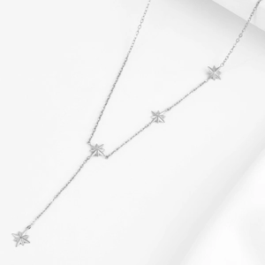 Silver Y-shape stainless steel necklace with minimalist eight-pointed star pendants