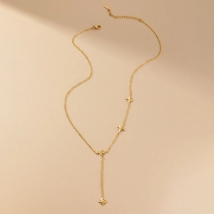Golden stainless steel Y-shaped necklace featuring five delicate starburst pendants