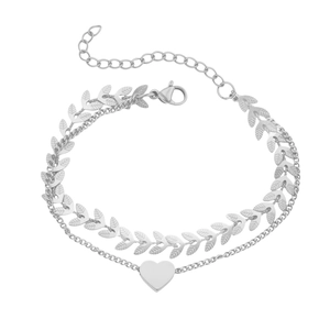 Bracelet bohème à plusieurs rangs en acier inoxydable avec feuilles et cœur argenté