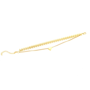 Bracelet bohème doré à plusieurs rangs avec chaîne en feuilles et pendentif cœur poli
