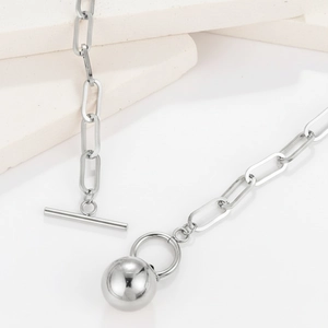 Minimalist silver stainless steel paperclip chain necklace with ball pendant and OT toggle clasp