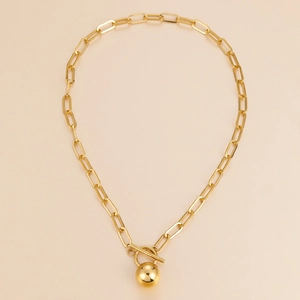 Gold stainless steel necklace with paperclip chain, OT clasp and round ball pendant