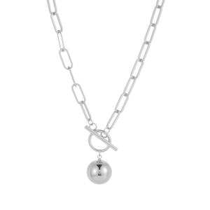 Silver paperclip chain necklace with a polished spherical pendant and toggle clasp
