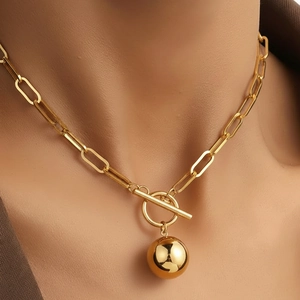Minimalist Sphere Pendant Necklace Stainless Steel Paperclip Chain OT Buckle Toggle Clasp Polished Ball Jewelry For Women