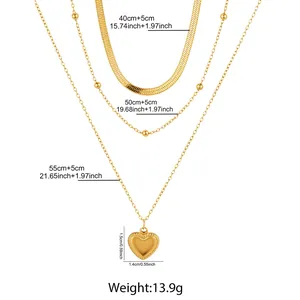 Detailed size chart for gold layered necklace with snake chain and heart pendant