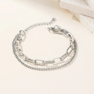 Double-layer stainless steel paperclip chain bracelet in silver finish for women