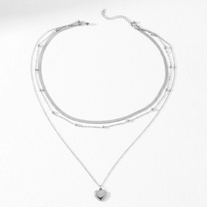 Three-layer stainless steel snake chain and beaded necklace with heart pendant