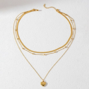 Gold layered snake chain and satellite necklace with polished heart pendant for women
