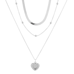 Three-layer silver stainless steel necklace with snake chain and heart pendant