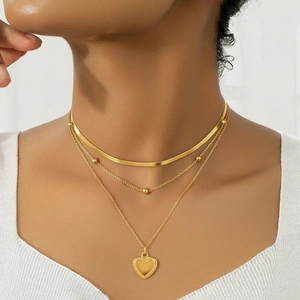 Layered Stainless Steel Heart Pendant Necklace Snake Chain Bead Chain Elegant Fashion Jewelry For Women