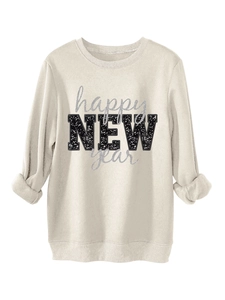 Detail der schwarzen Pailletten auf dem elfenbeinfarbenen Sweatshirt mit Feiertagsprint