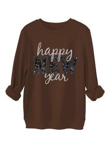 Detail eines dunkelbraunen Happy New Year Sweatshirts mit Pailletten und Rippbündchen