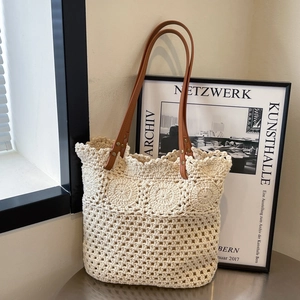 Woven Cotton Rope Tote Bag With PU Leather Shoulder Straps Bohemian Summer Beach Handbag For Women Vacation Travel