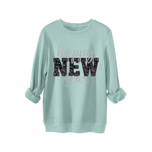 Mintgrünes Happy New Year Sweatshirt mit schwarzen Pailletten und silbernem Glitzer-Druck