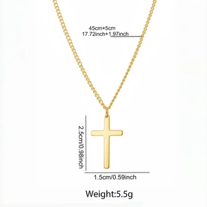 Detailed size chart for the gold cross pendant necklace showing chain and pendant dimensions