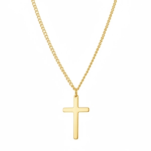 Macro detail of polished gold-finished cross pendant on a delicate stainless steel chain