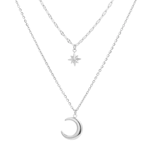 Double-layered stainless steel necklace featuring star and moon pendants on white background