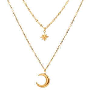 Double-layered stainless steel necklace with gold starburst and crescent moon pendants
