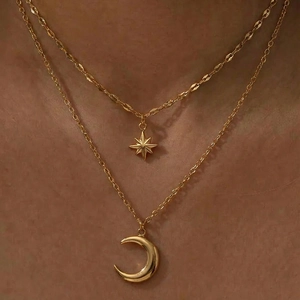 Layered Necklace Stainless Steel Eight-Pointed Star Moon Pendants Minimalist Light Luxury Clavicle Chain Jewelry For Women