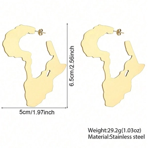 Gold stainless steel Africa map hoop earrings with detailed dimensions and specs