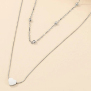 Collier double épaisseur en acier inoxydable avec pendentif cœur et chaîne à perles