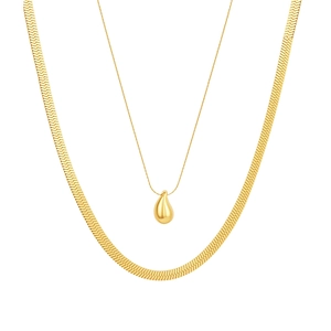 Zweilagige goldene Edelstahl-Halskette mit Wassertropfen-Anhänger und flacher Schlangenkette