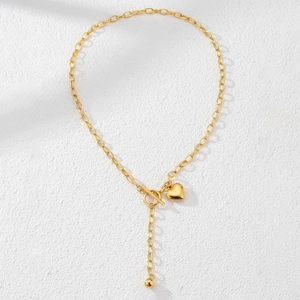 Collana in acciaio inossidabile placcato oro 18K con pendente a cuore, chiusura a T e catena a Y