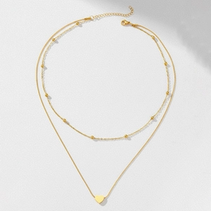 Collier double épaisseur en acier inoxydable doré avec pendentif cœur et perles