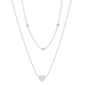Collier double rang en acier inoxydable argenté avec perles et pendentif cœur