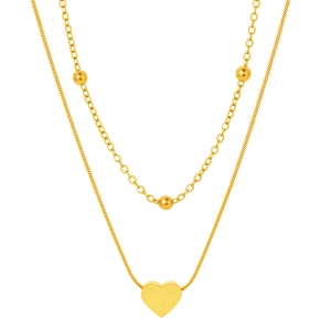 Collier double rang en acier inoxydable doré avec pendentif cœur et perles fines